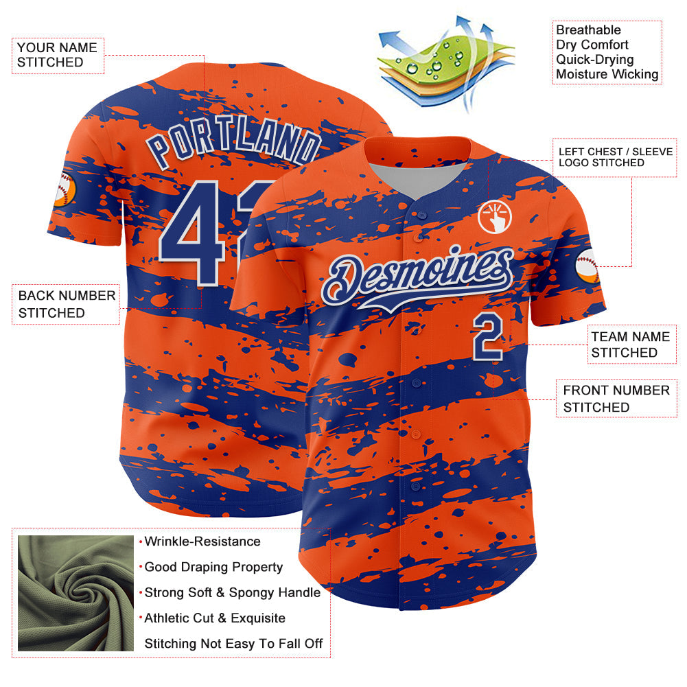 Custom Orange Royal-White 3D Pattern Design Paint Splash Stripe Authentic Baseball Jersey