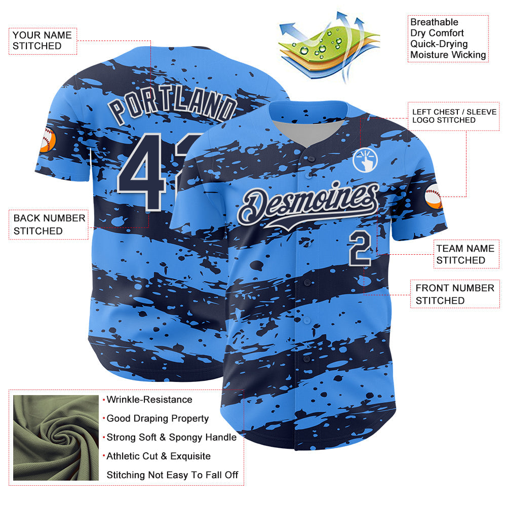 Custom Electric Blue Navy-White 3D Pattern Design Paint Splash Stripe Authentic Baseball Jersey