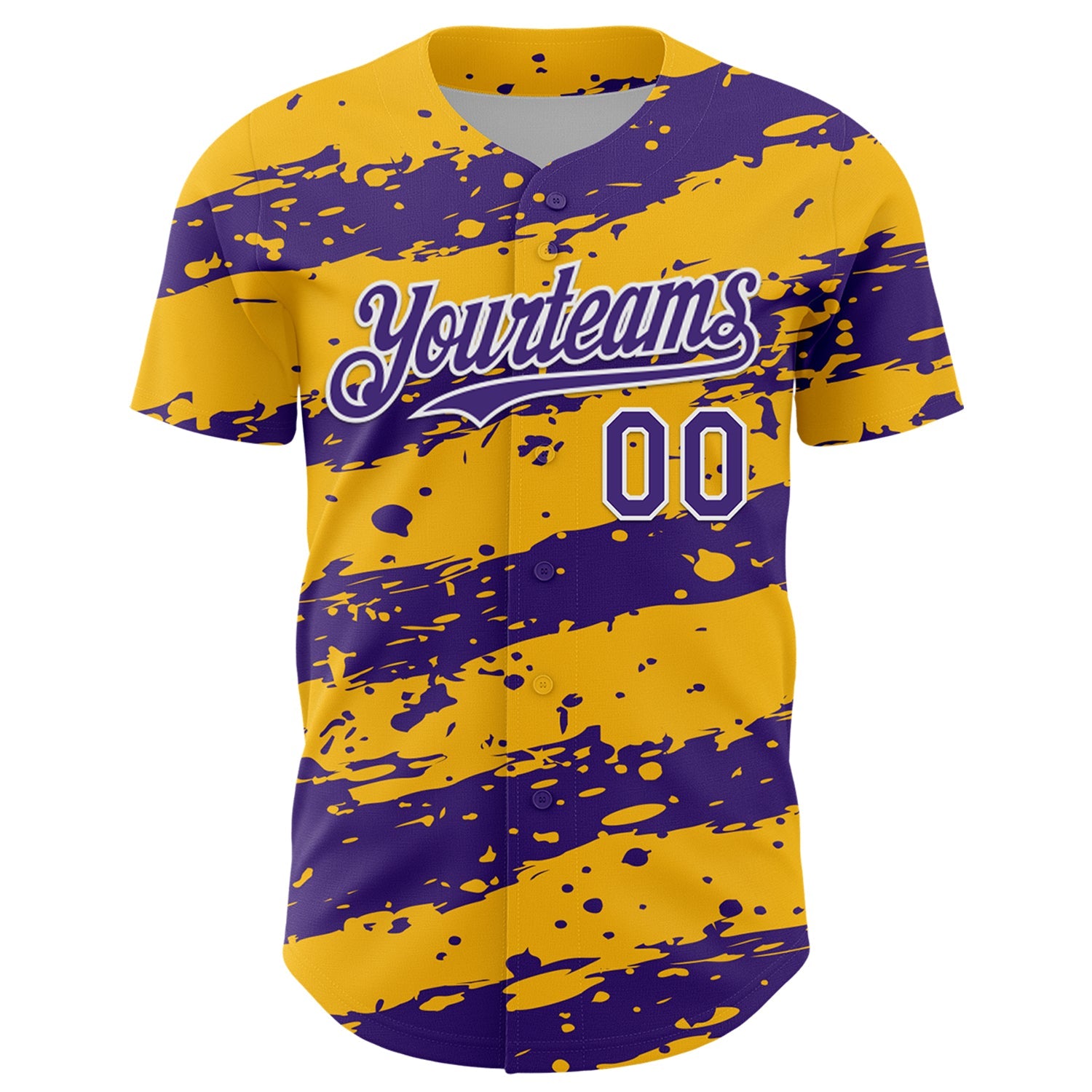 Custom Gold Purple-White 3D Pattern Design Paint Splash Stripe Authentic Baseball Jersey