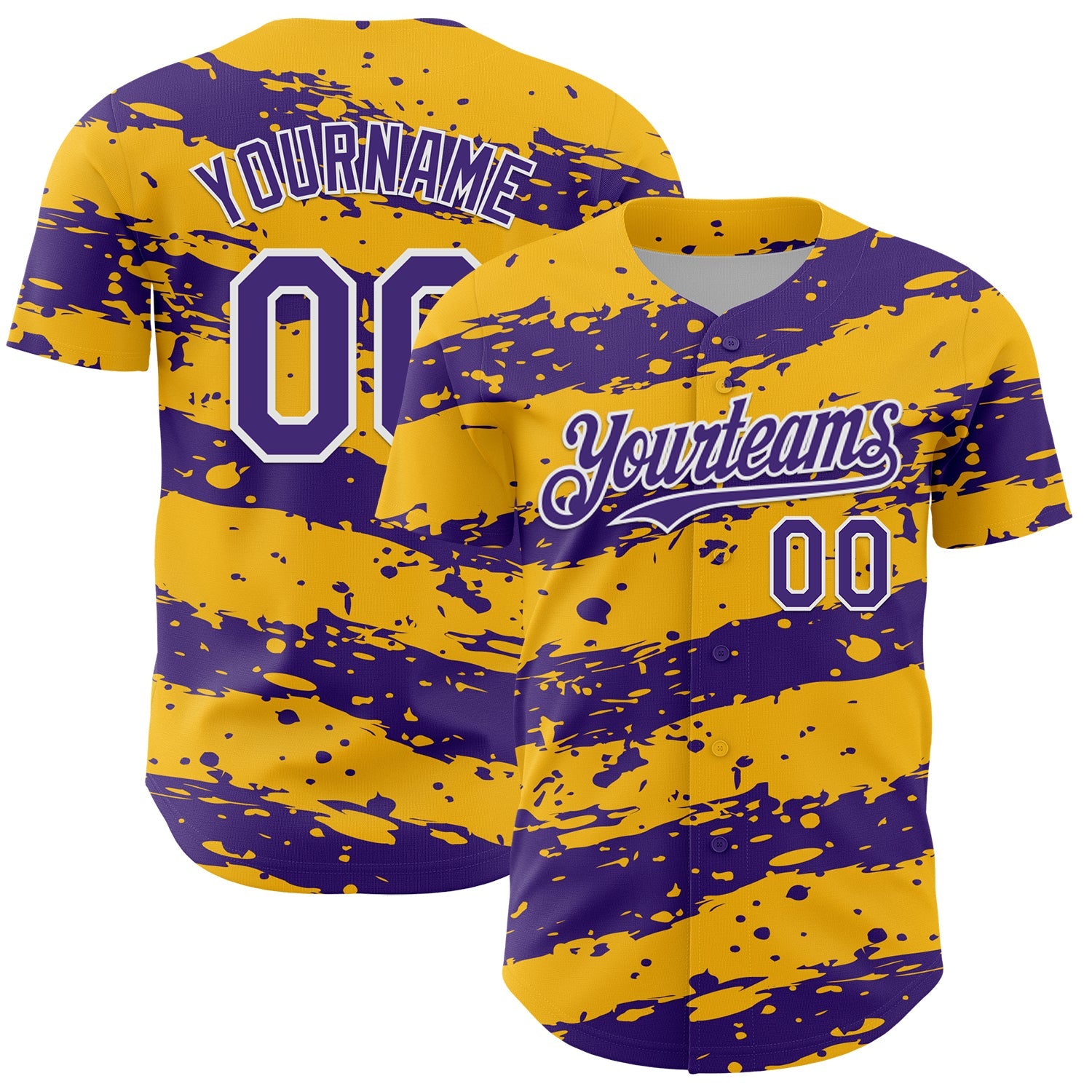 Custom Gold Purple-White 3D Pattern Design Paint Splash Stripe Authentic Baseball Jersey