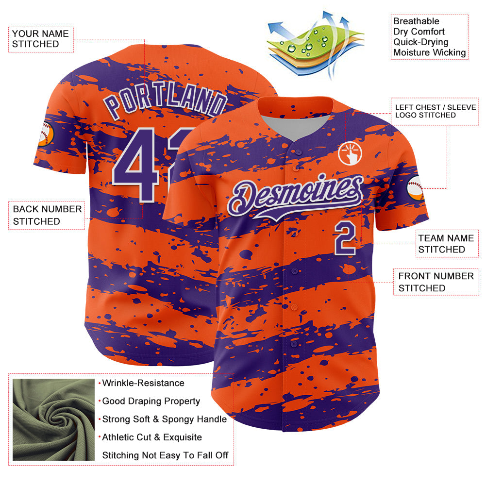 Custom Orange Purple-White 3D Pattern Design Paint Splash Stripe Authentic Baseball Jersey