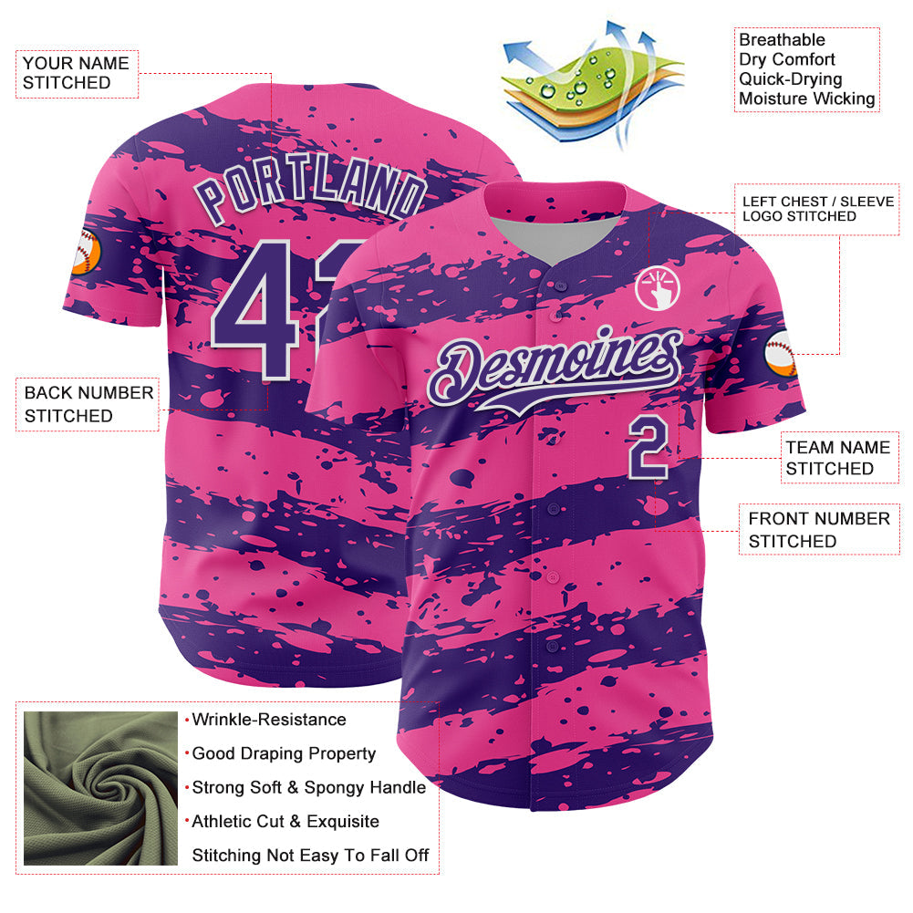 Custom Pink Purple-White 3D Pattern Design Paint Splash Stripe Authentic Baseball Jersey