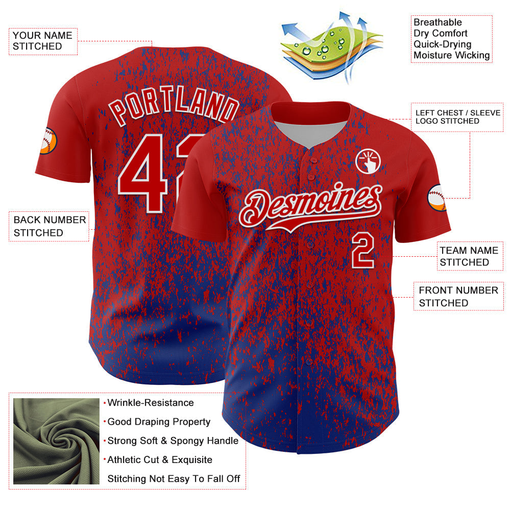 Custom Red Royal-White 3D Pattern Design Abstract Fragment Splatter Authentic Baseball Jersey