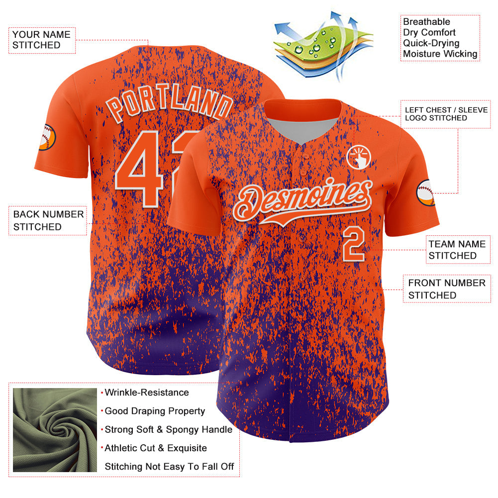 Custom Orange Purple-White 3D Pattern Design Abstract Fragment Splatter Authentic Baseball Jersey