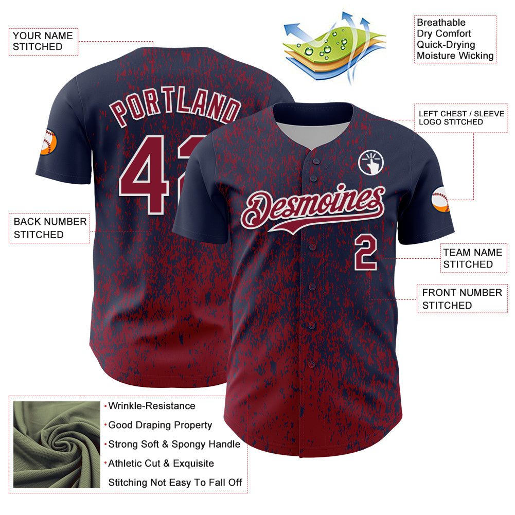Custom Navy Crimson-White 3D Pattern Design Abstract Fragment Splatter Authentic Baseball Jersey