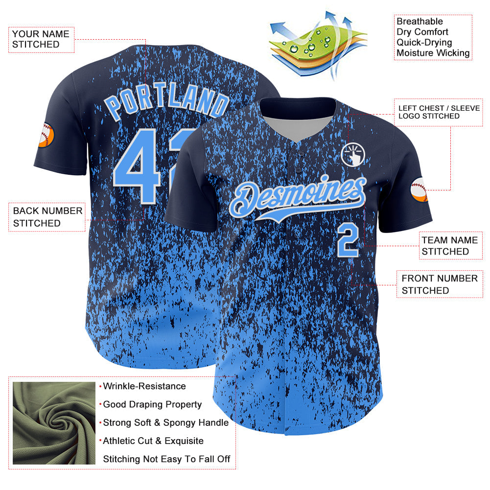 Custom Navy Electric Blue-White 3D Pattern Design Abstract Fragment Splatter Authentic Baseball Jersey