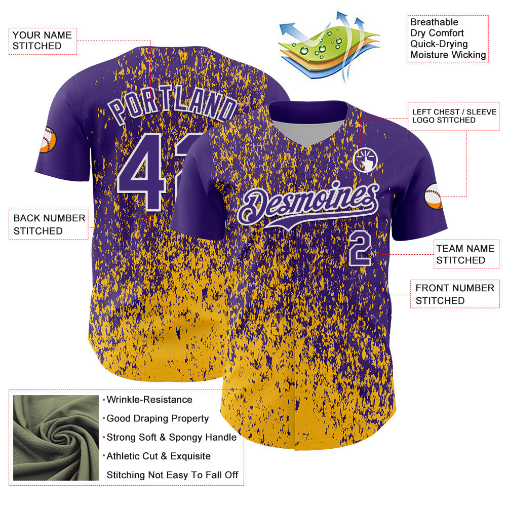 Custom Purple Gold-White 3D Pattern Design Abstract Fragment Splatter Authentic Baseball Jersey