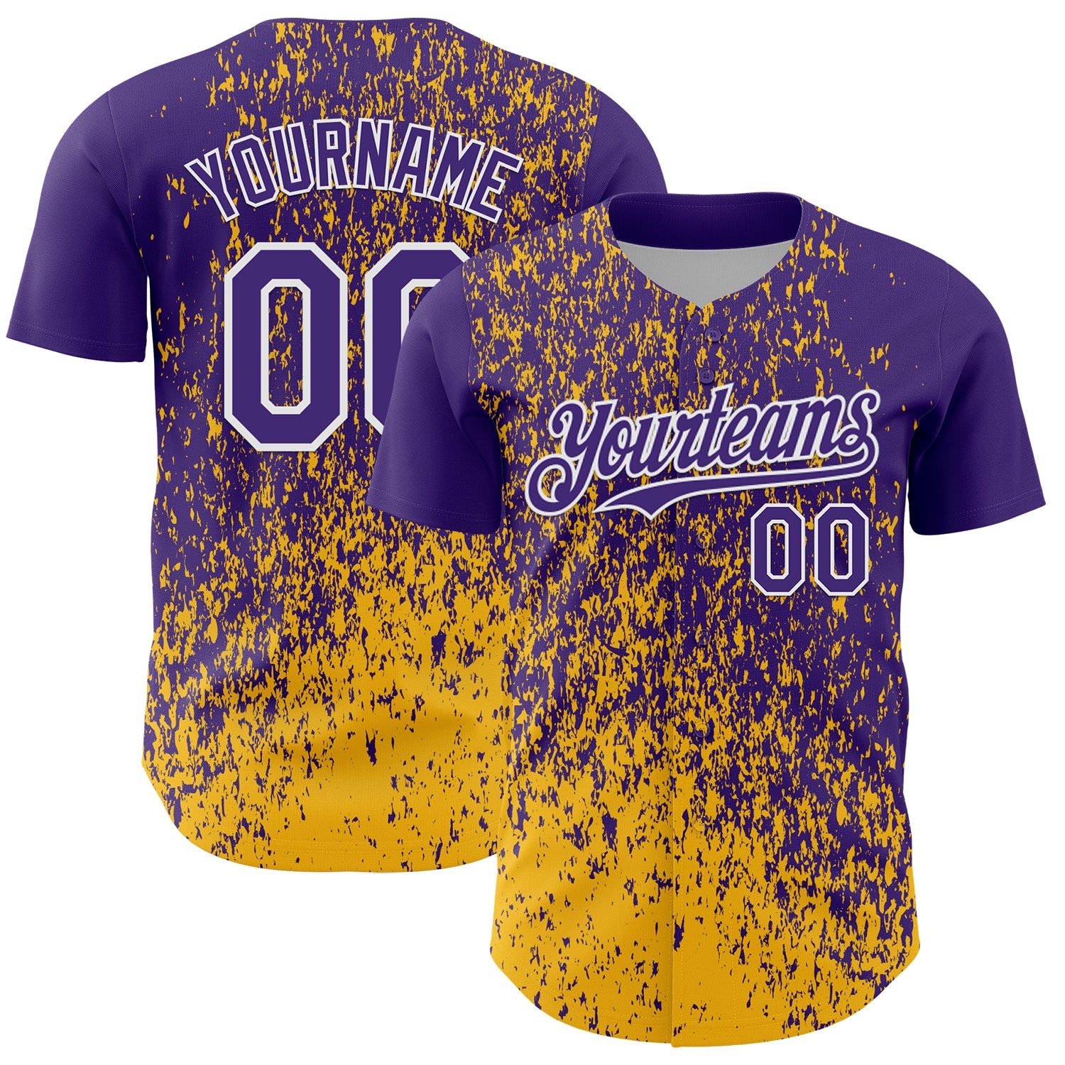 Custom Purple Gold-White 3D Pattern Design Abstract Fragment Splatter Authentic Baseball Jersey
