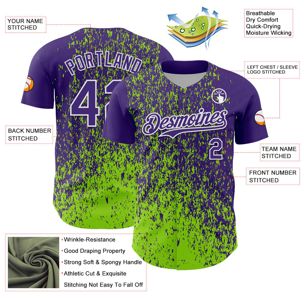 Custom Purple Neon Green-White 3D Pattern Design Abstract Fragment Splatter Authentic Baseball Jersey