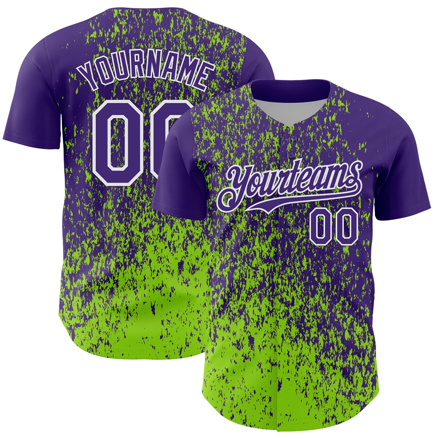 Custom Purple Neon Green-White 3D Pattern Design Abstract Fragment Splatter Authentic Baseball Jersey