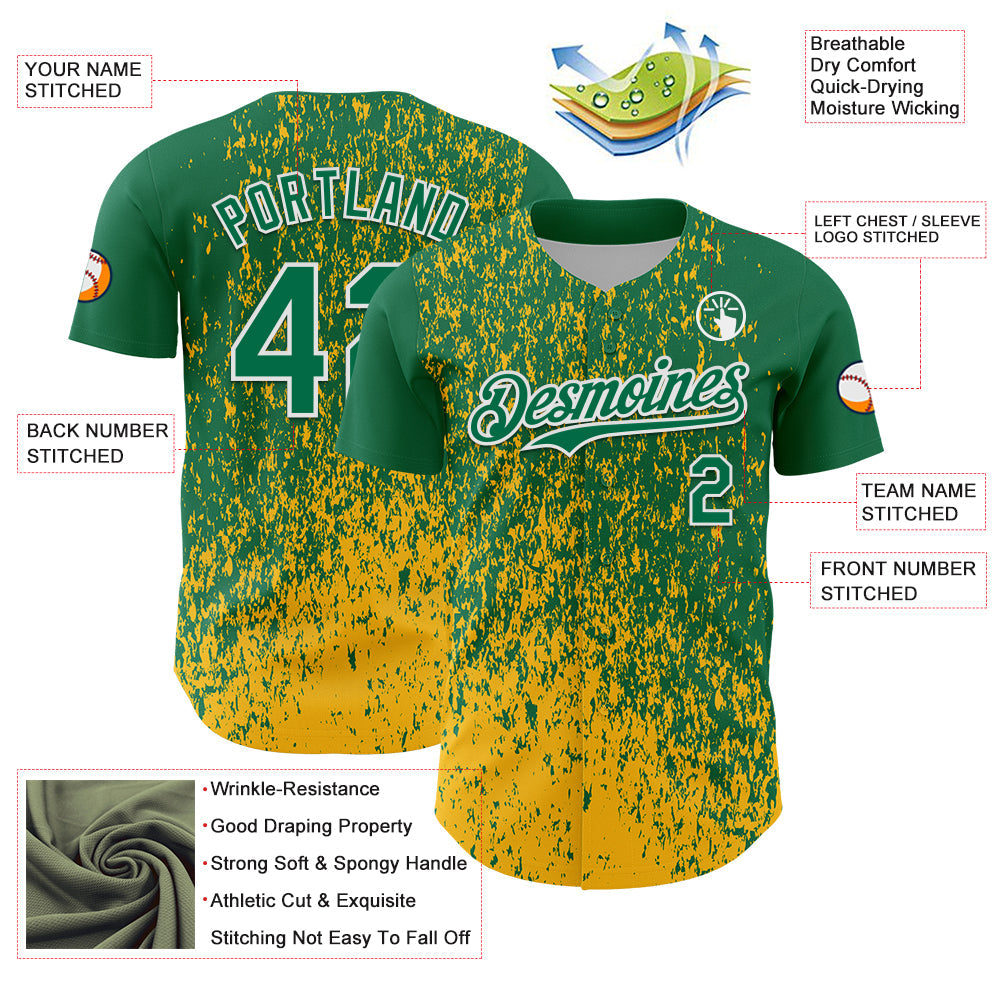 Custom Kelly Green Gold-White 3D Pattern Design Abstract Fragment Splatter Authentic Baseball Jersey