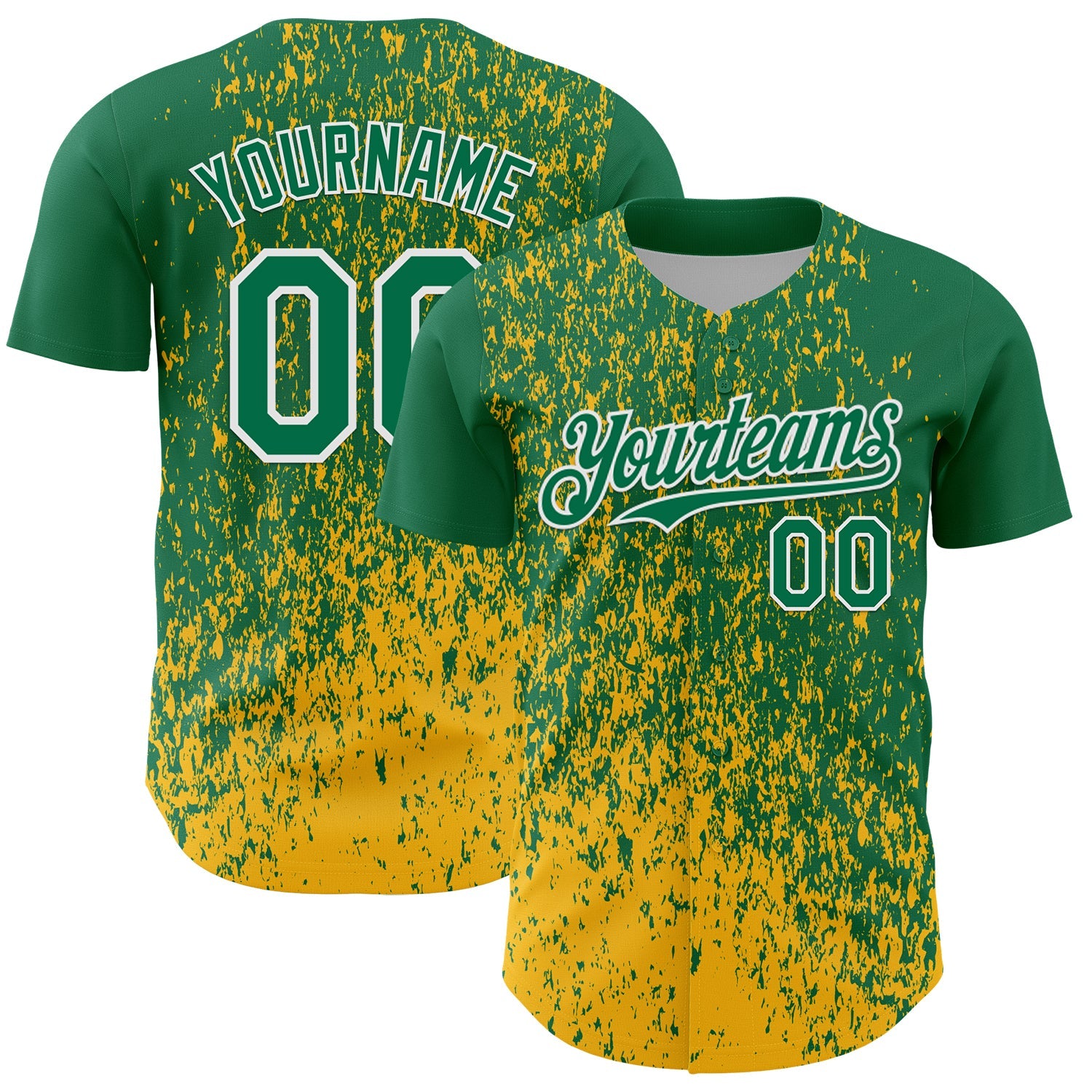 Custom Kelly Green Gold-White 3D Pattern Design Abstract Fragment Splatter Authentic Baseball Jersey