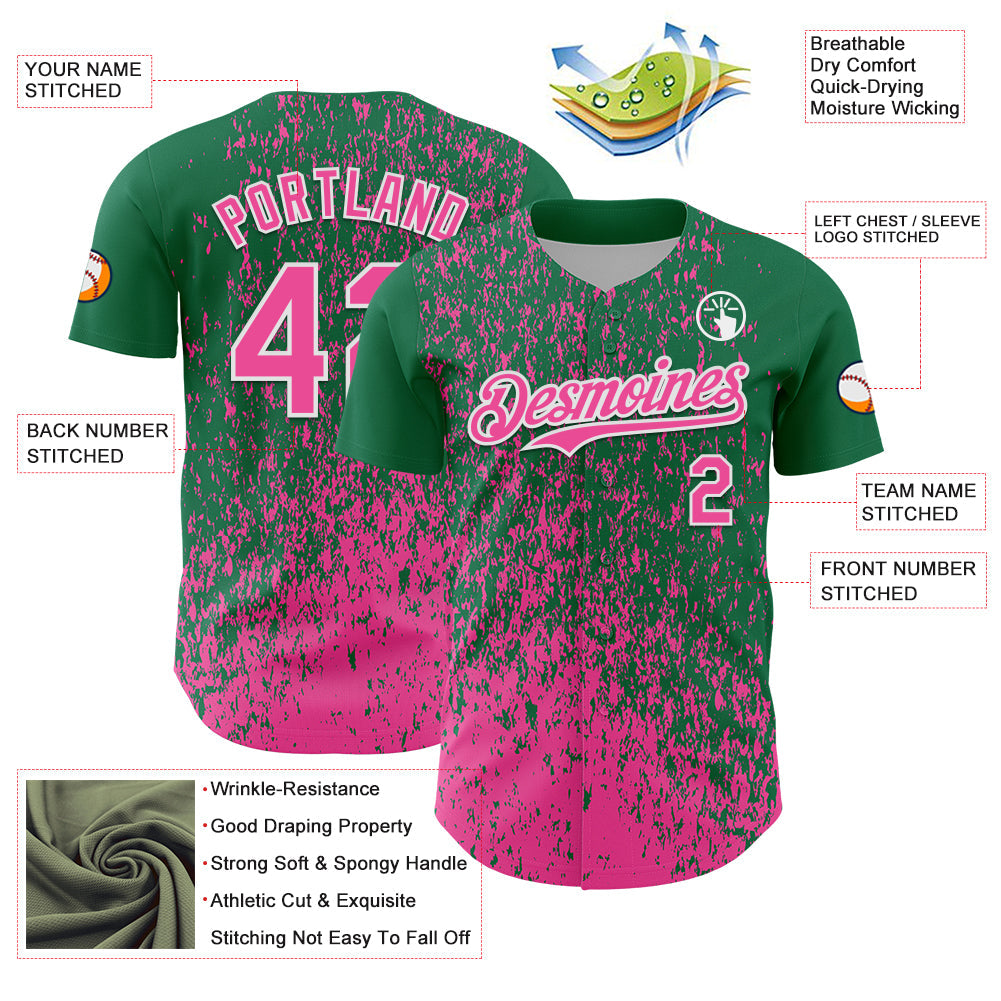 Custom Kelly Green Pink-White 3D Pattern Design Abstract Fragment Splatter Authentic Baseball Jersey