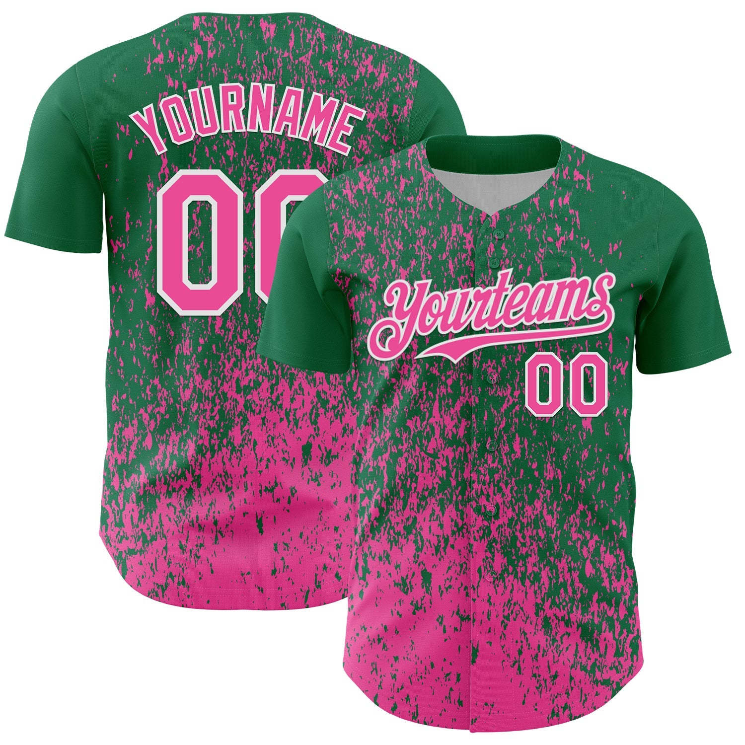 Custom Kelly Green Pink-White 3D Pattern Design Abstract Fragment Splatter Authentic Baseball Jersey