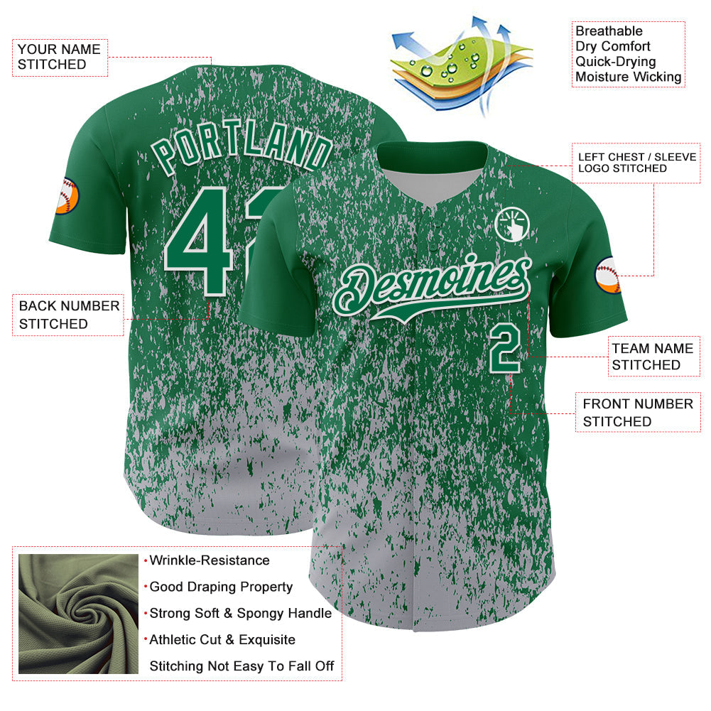 Custom Kelly Green Gray-White 3D Pattern Design Abstract Fragment Splatter Authentic Baseball Jersey