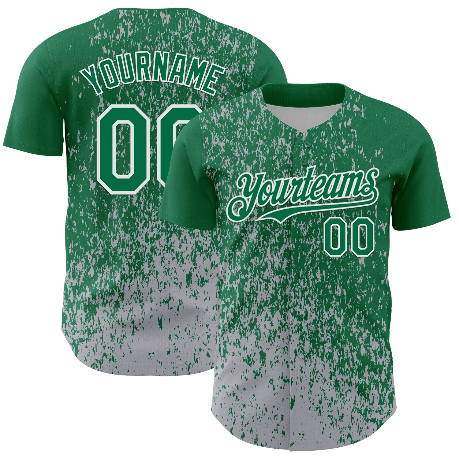 Custom Kelly Green Gray-White 3D Pattern Design Abstract Fragment Splatter Authentic Baseball Jersey