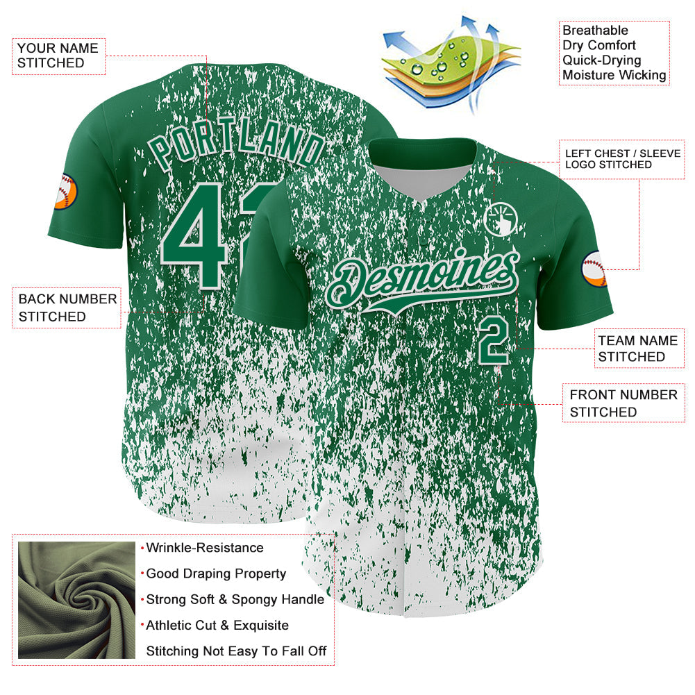 Custom Kelly Green White 3D Pattern Design Abstract Fragment Splatter Authentic Baseball Jersey