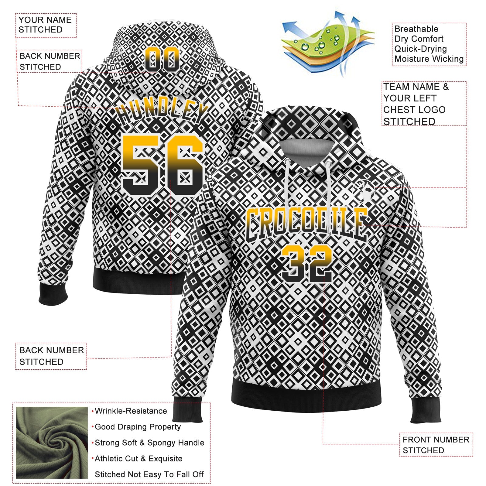 Custom Stitched White Gold-Black 3D Pattern Design Geometric Gradient Square Shapes Sports Pullover Sweatshirt Hoodie