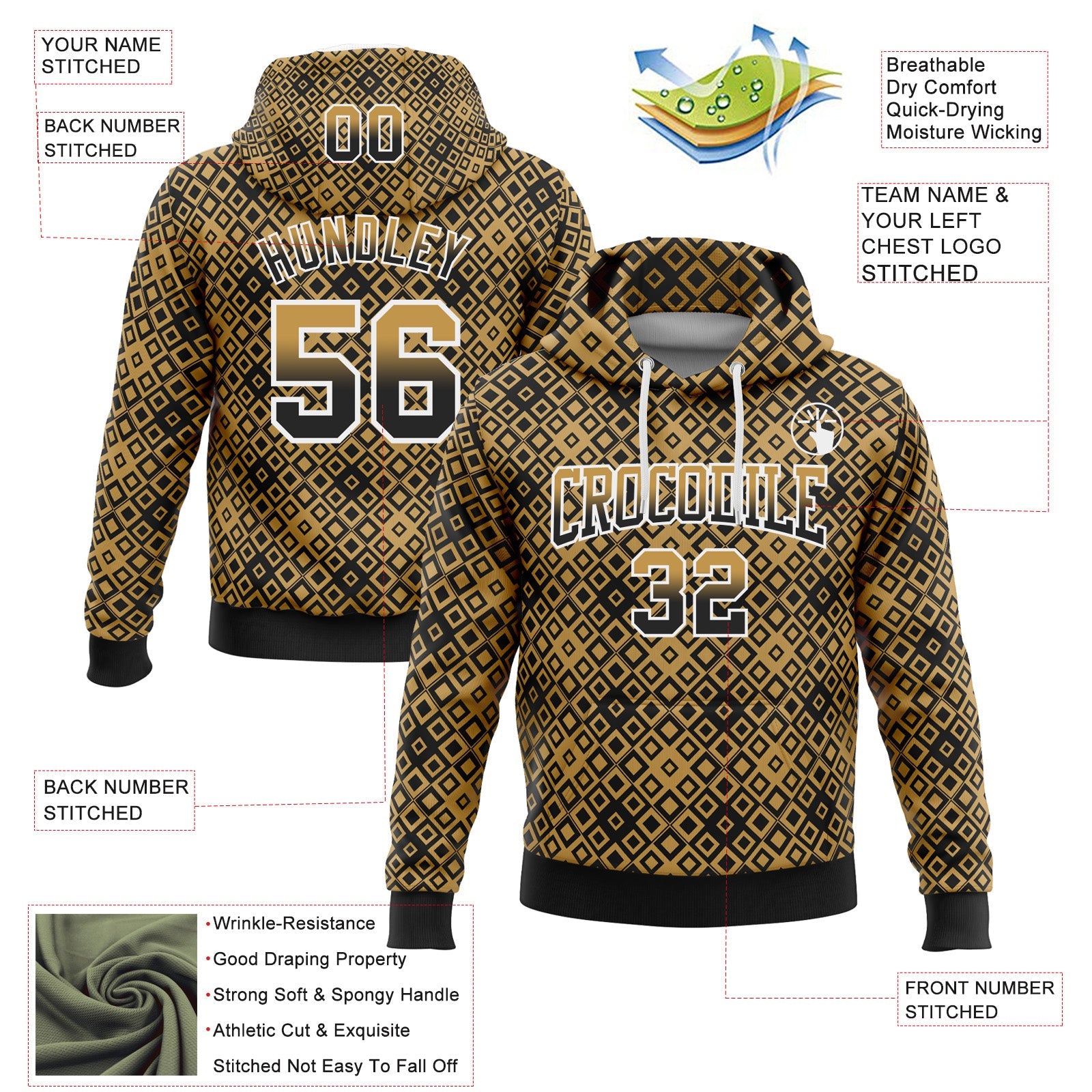 Custom Stitched Old Gold Black-White 3D Pattern Design Geometric Gradient Square Shapes Sports Pullover Sweatshirt Hoodie