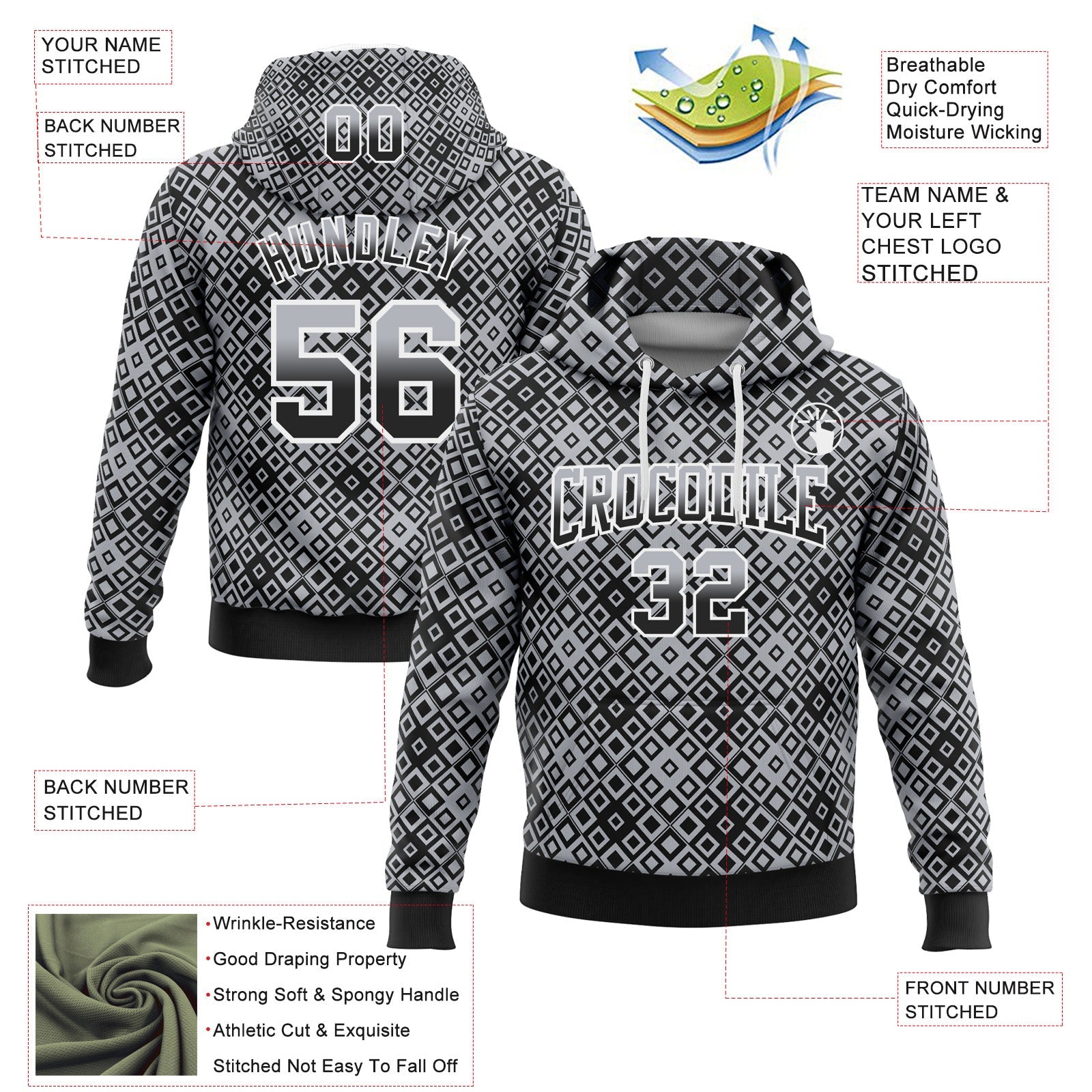 Custom Stitched Gray Black-White 3D Pattern Design Geometric Gradient Square Shapes Sports Pullover Sweatshirt Hoodie