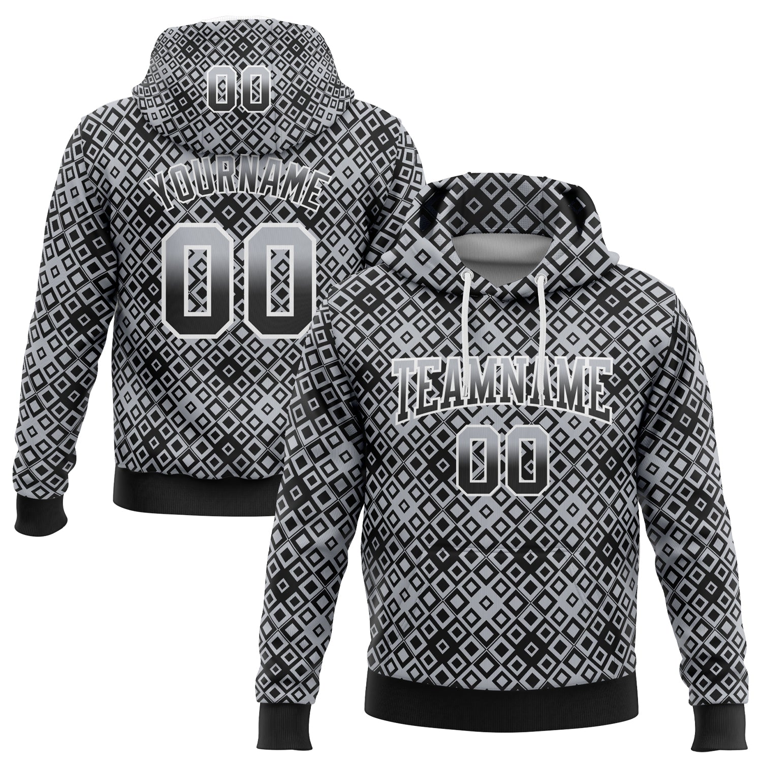 Custom Stitched Gray Black-White 3D Pattern Design Geometric Gradient Square Shapes Sports Pullover Sweatshirt Hoodie