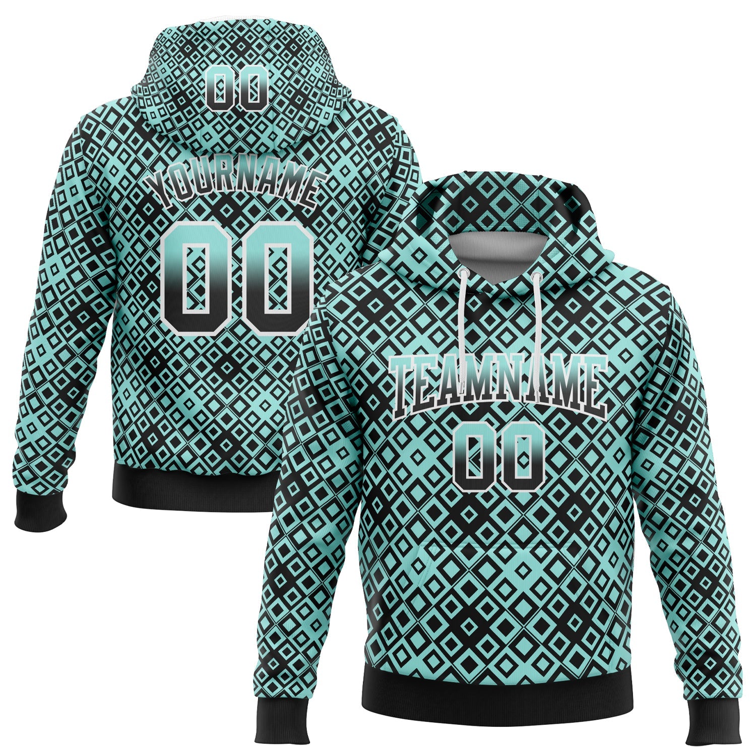Custom Stitched Ice Blue Black-White 3D Pattern Design Geometric Gradient Square Shapes Sports Pullover Sweatshirt Hoodie