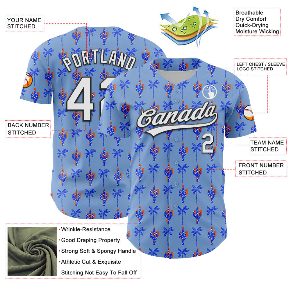 Custom Light Blue White-Black 3D Hawaii Tropical Palm Tree And Cactus Authentic Baseball Jersey