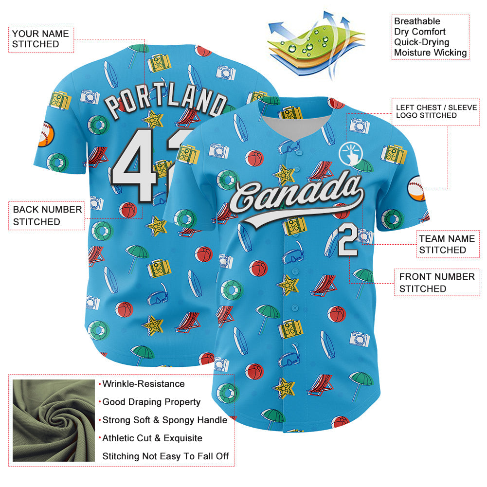 Custom Sky Blue White-Black 3D Hawaii Beach Holiday Authentic Baseball Jersey