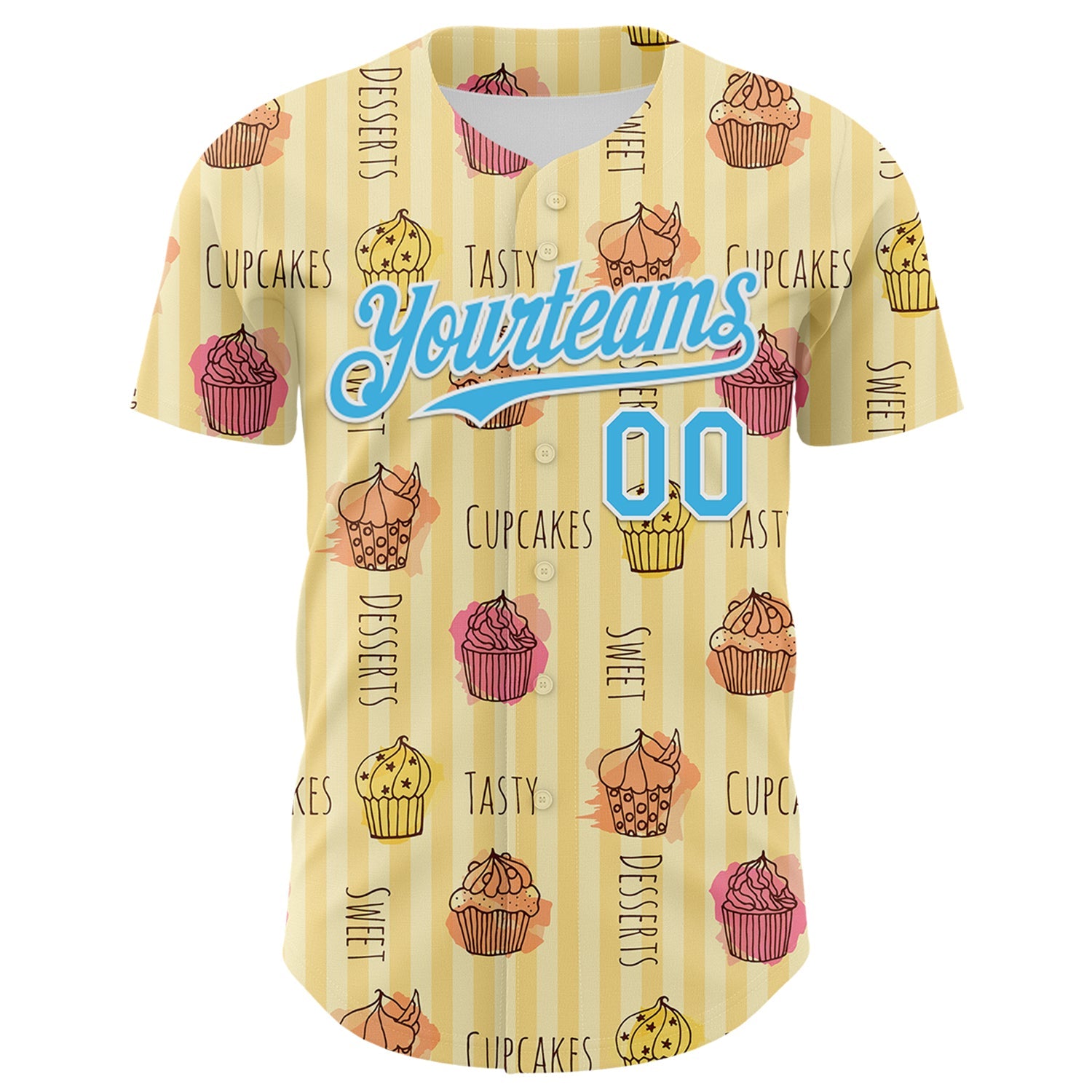 Custom Yellow Sky Blue-White 3D Pattern Design Foodie Food Dessert Cupcake Authentic Baseball Jersey