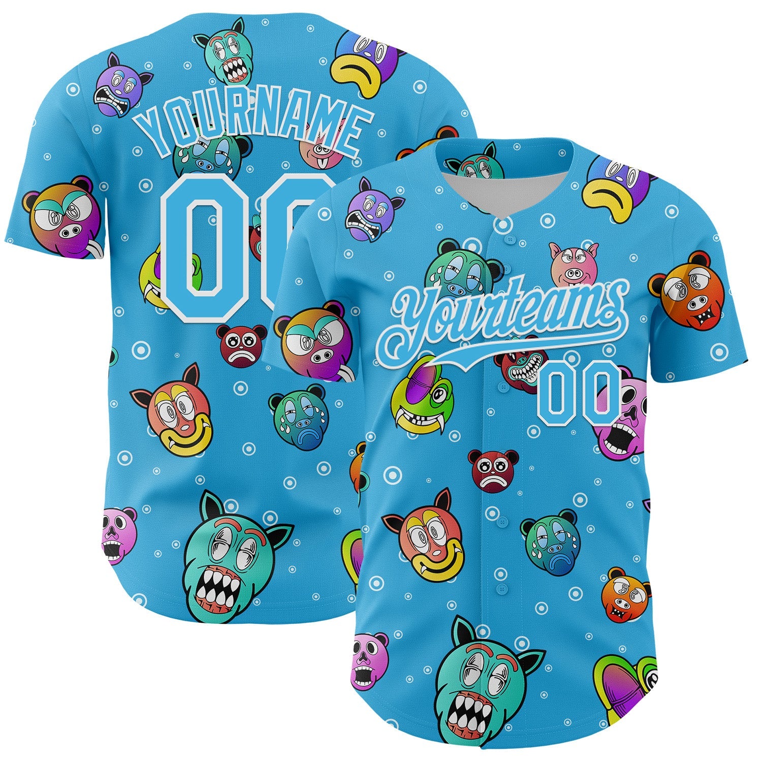 Custom Sky Blue White 3D Pattern Design Funny Cartoon Animal Authentic Baseball Jersey