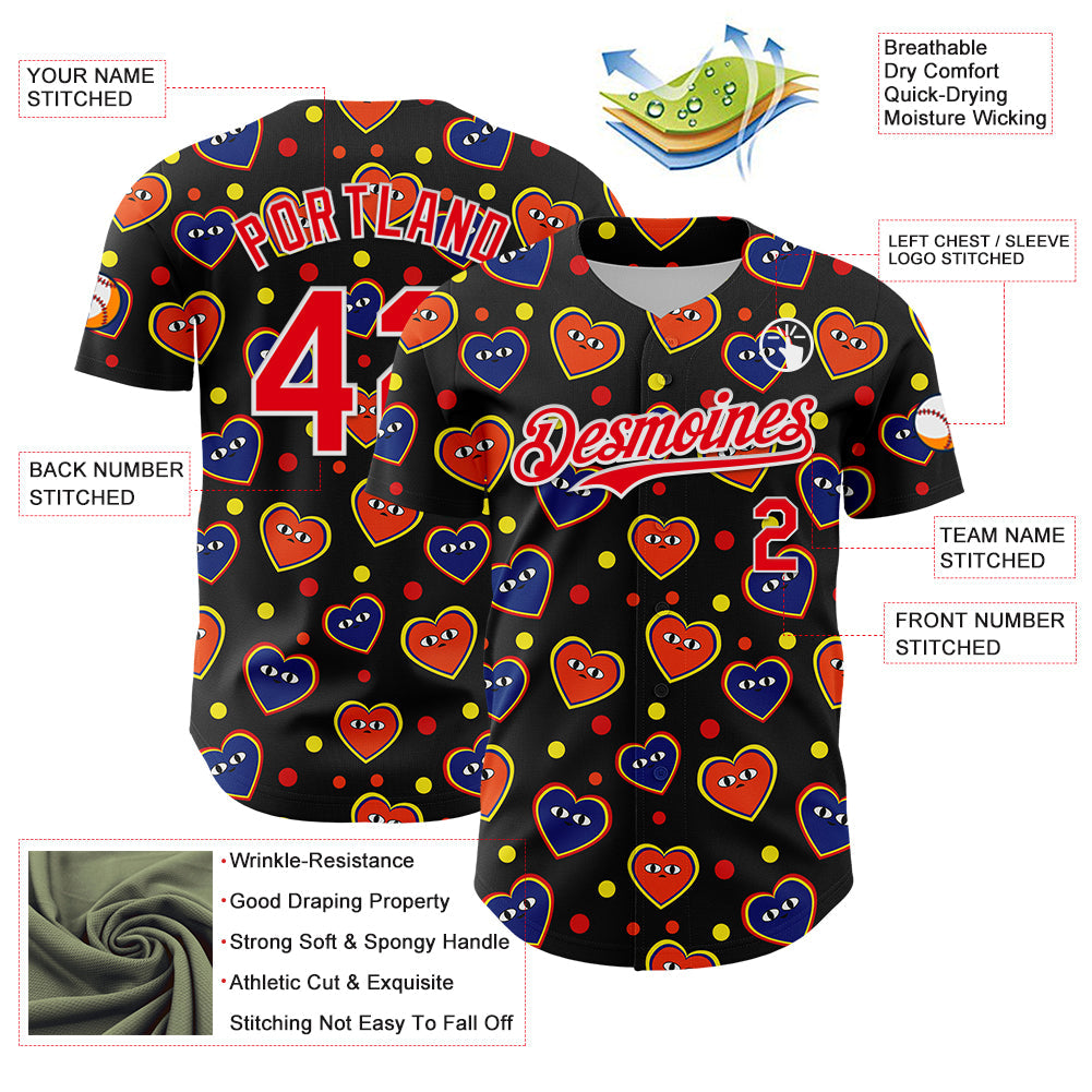Custom Black Fire Red-White 3D Pattern Design Funny Cartoon Heart Authentic Baseball Jersey
