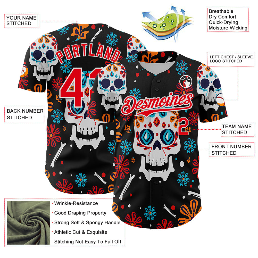 Custom Kelly Green Fire Red-White 3D Mexican Festival Flower And Skull Cinco de Mayo Authentic Baseball Jersey