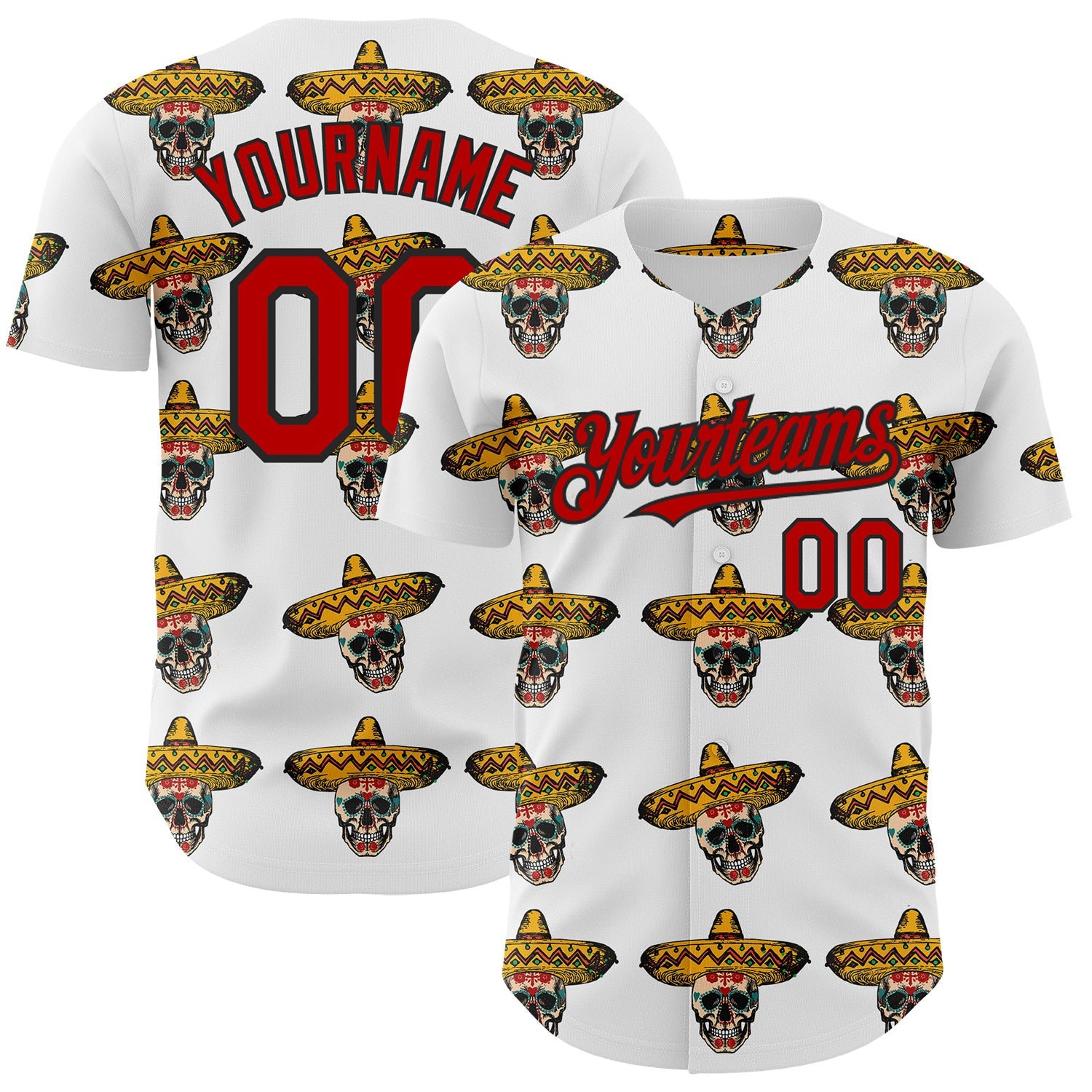 Custom White Red-Black 3D Mexican Festival Skull With Sombrero Cinco de Mayo Authentic Baseball Jersey