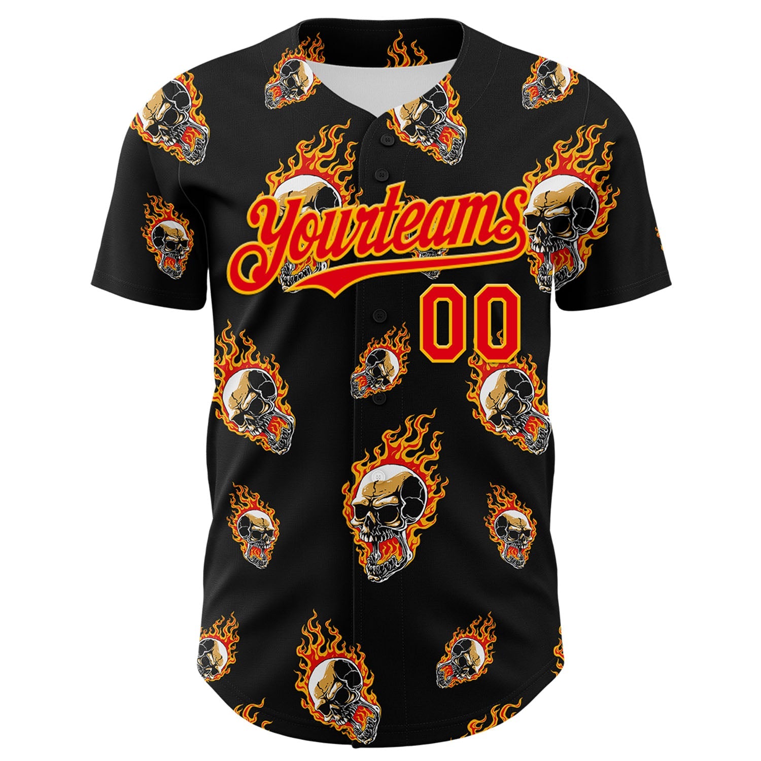 Custom Black Fire Red-Gold 3D Flame Skull Authentic Baseball Jersey