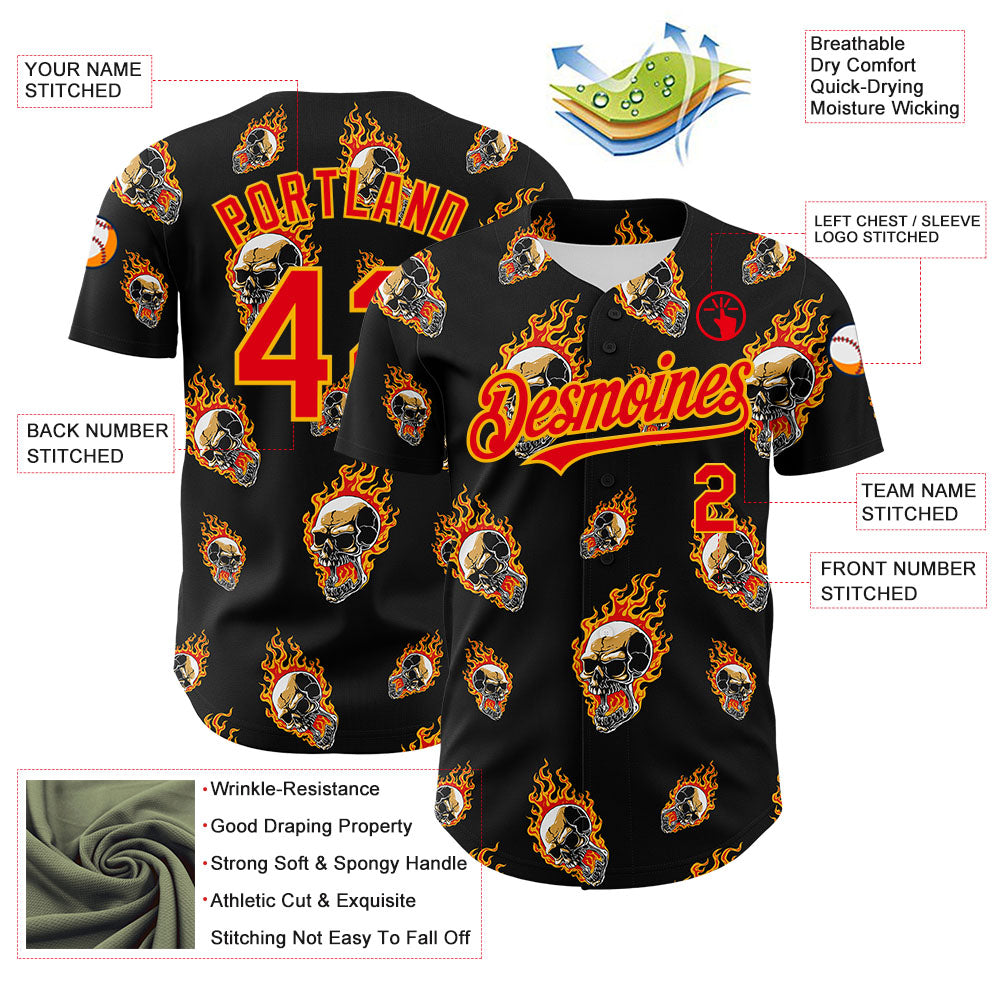 Custom Black Fire Red-Gold 3D Flame Skull Authentic Baseball Jersey