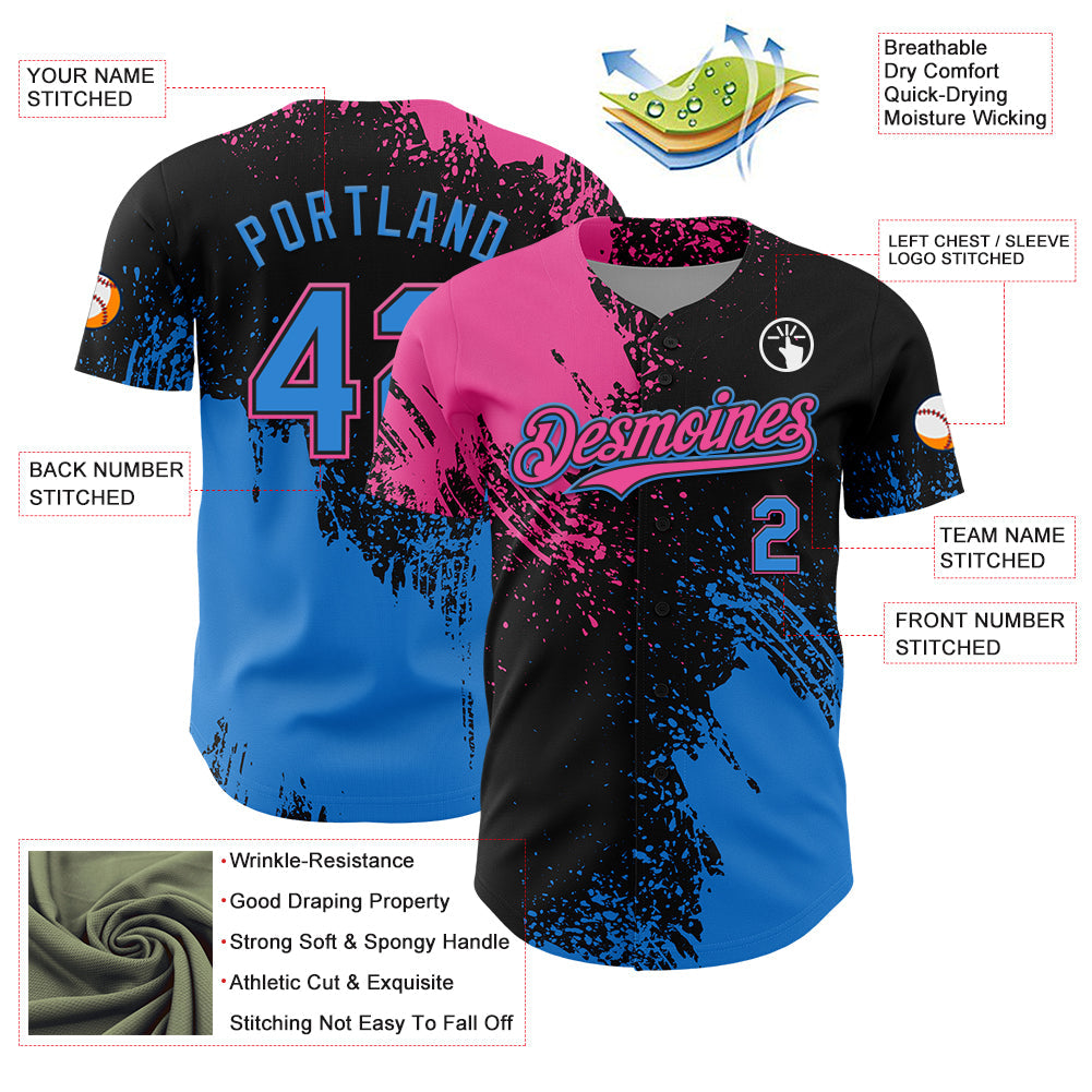 Custom Pink Electric Blue-Black 3D Pattern Design Abstract Brush Stroke Authentic Baseball Jersey