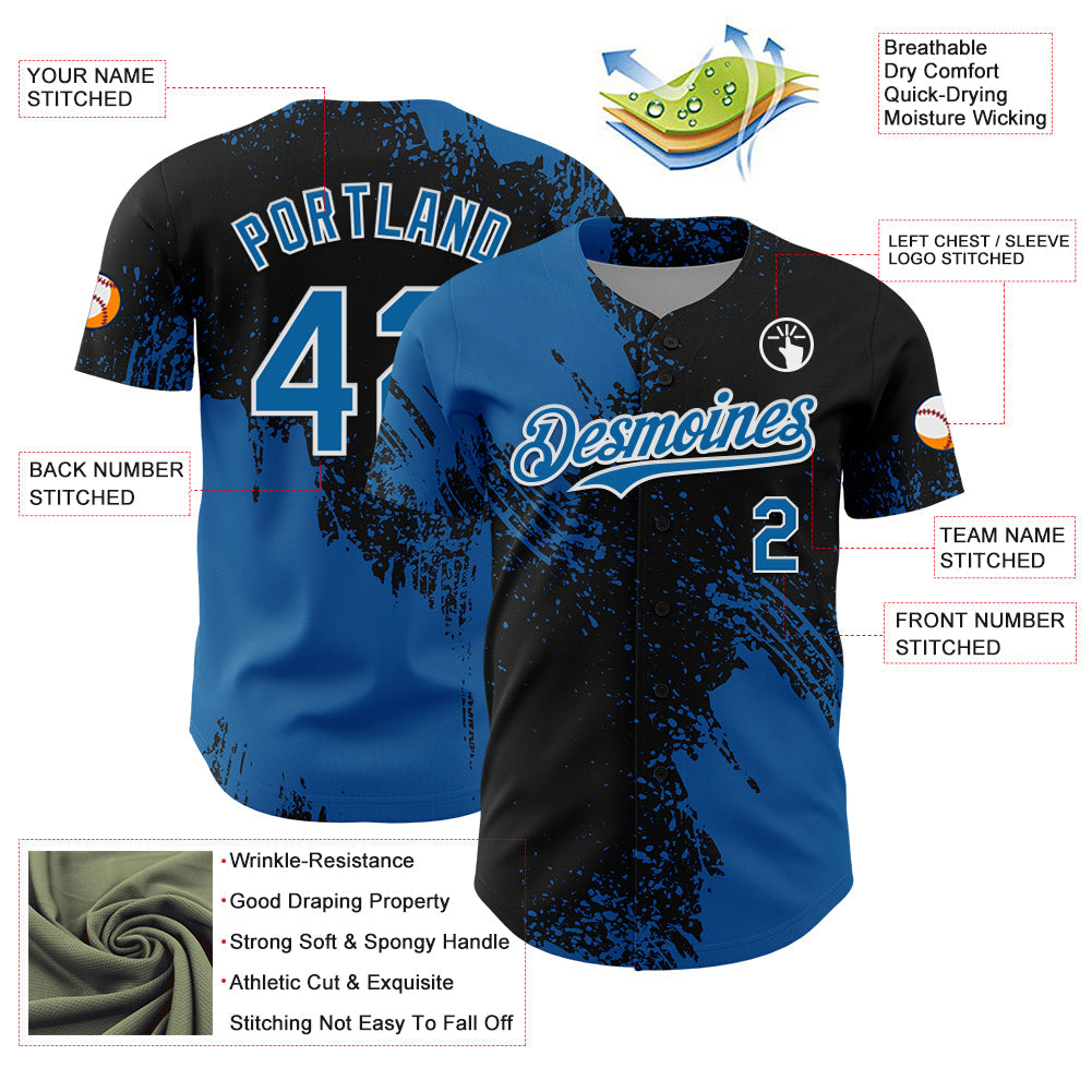 Custom Blue Black-White 3D Pattern Design Abstract Brush Stroke Authentic Baseball Jersey