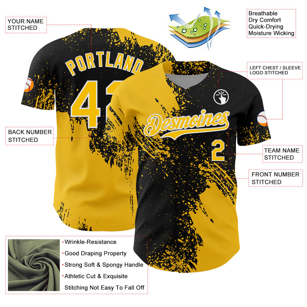 Custom Yellow Black-White 3D Pattern Design Abstract Brush Stroke Authentic Baseball Jersey