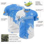 Custom White Electric Blue 3D Pattern Design Abstract Brush Stroke Authentic Baseball Jersey