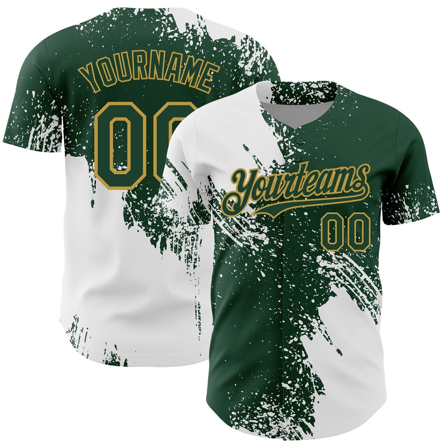 Custom White Green-Old Gold 3D Pattern Design Abstract Brush Stroke Authentic Baseball Jersey