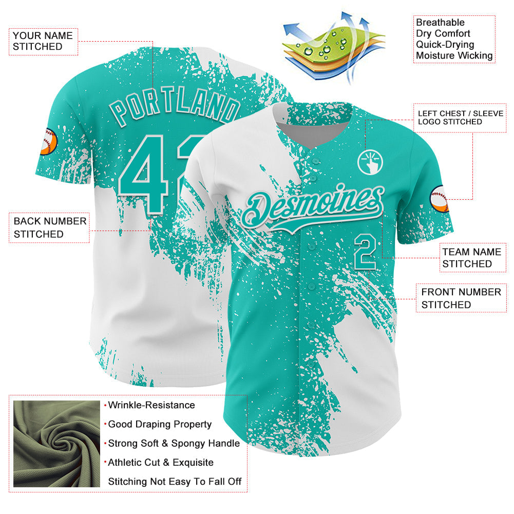 Custom White Aqua 3D Pattern Design Abstract Brush Stroke Authentic Baseball Jersey