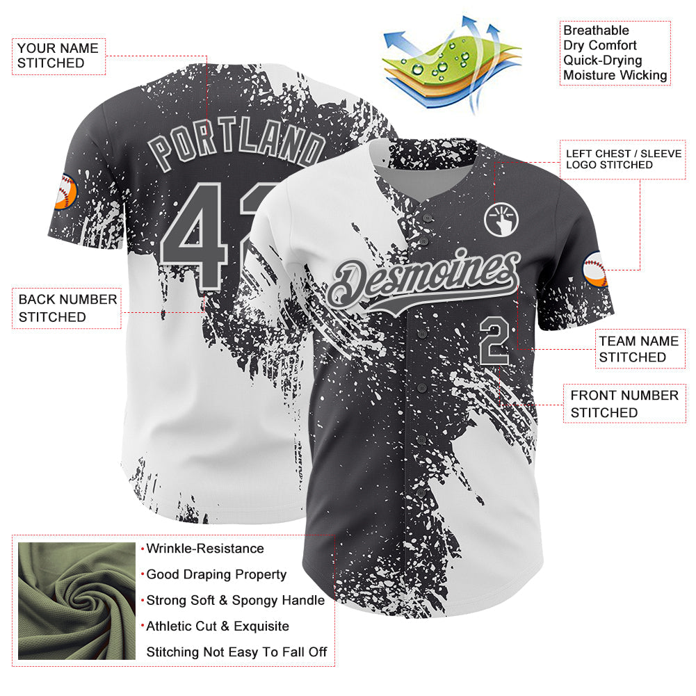 Custom White Steel Gray 3D Pattern Design Abstract Brush Stroke Authentic Baseball Jersey