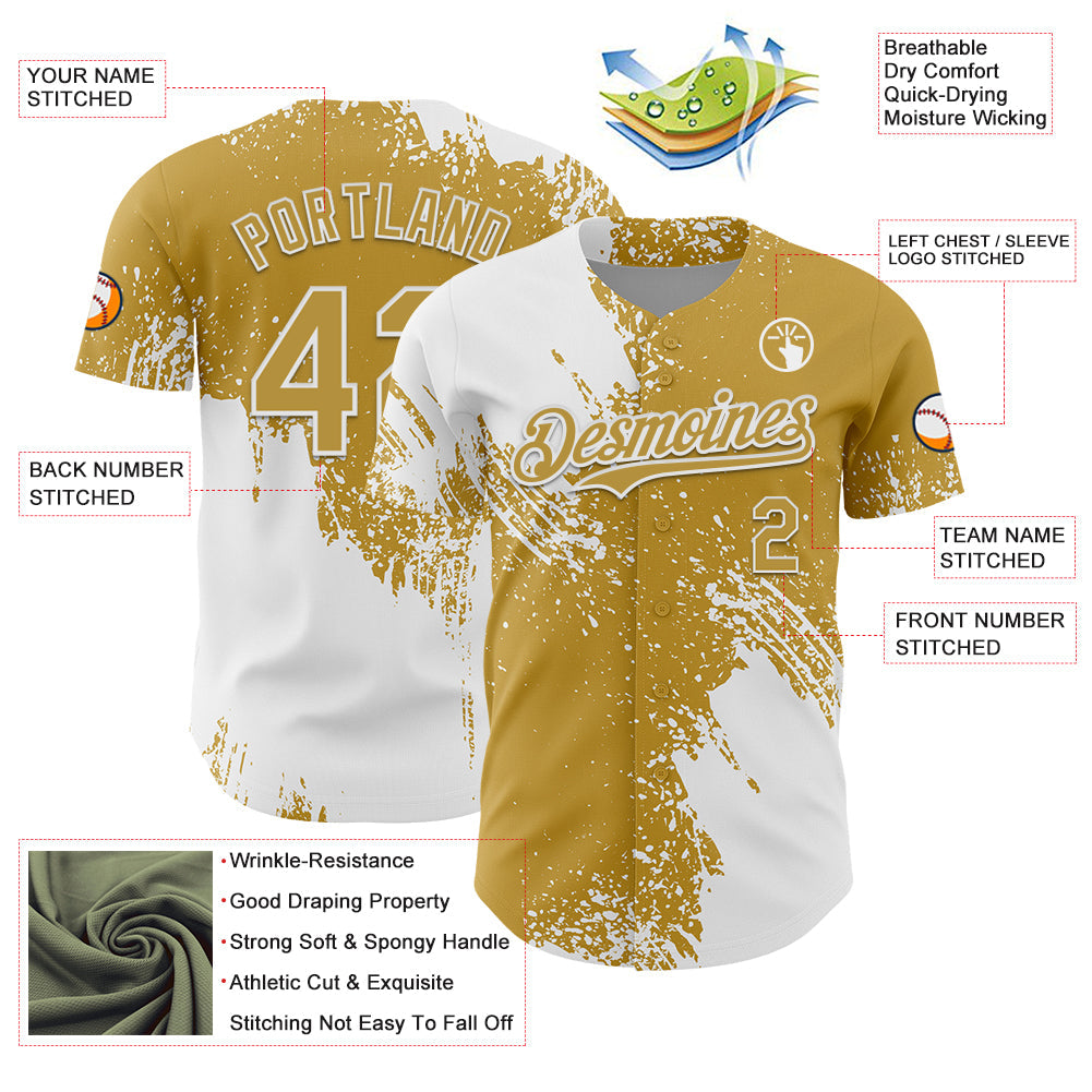 Custom White Old Gold 3D Pattern Design Abstract Brush Stroke Authentic Baseball Jersey