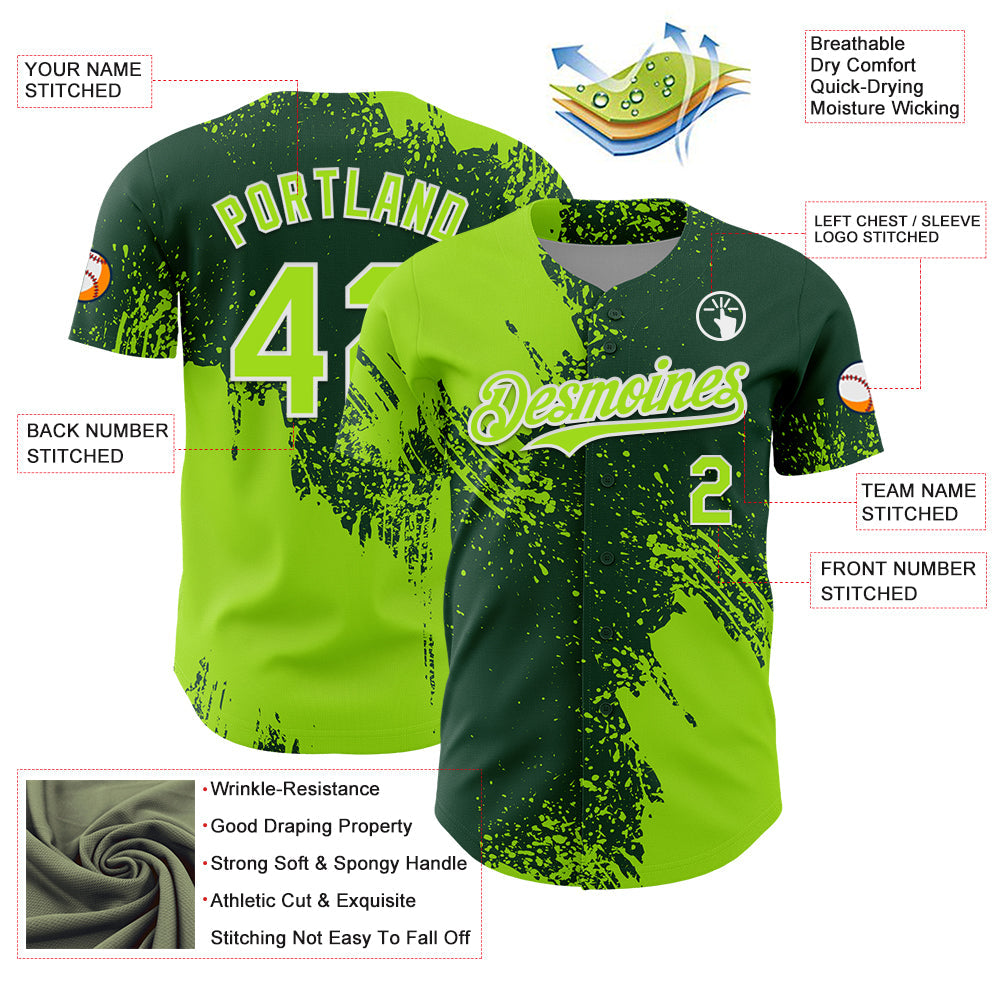Custom Neon Green Green-White 3D Pattern Design Abstract Brush Stroke Authentic Baseball Jersey