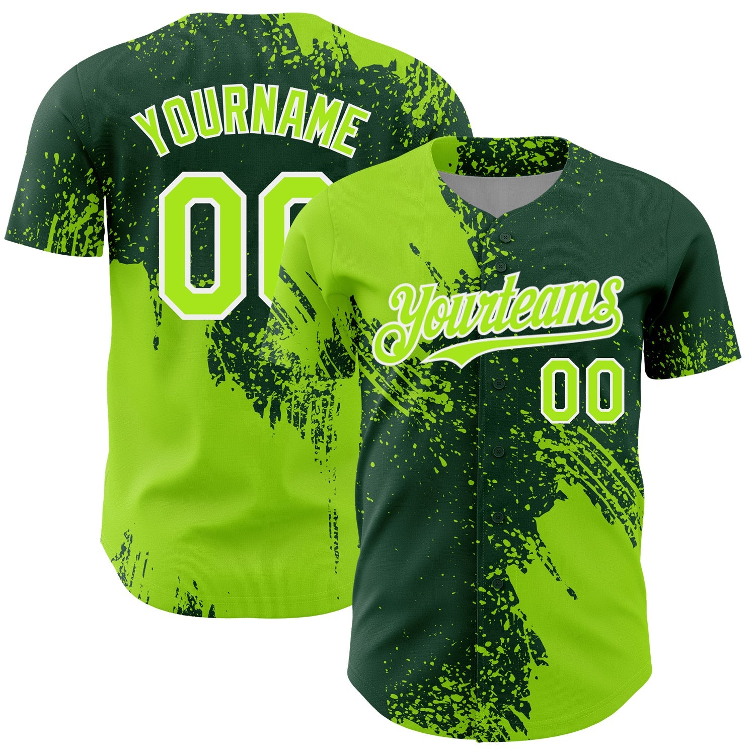 Custom Neon Green Green-White 3D Pattern Design Abstract Brush Stroke Authentic Baseball Jersey