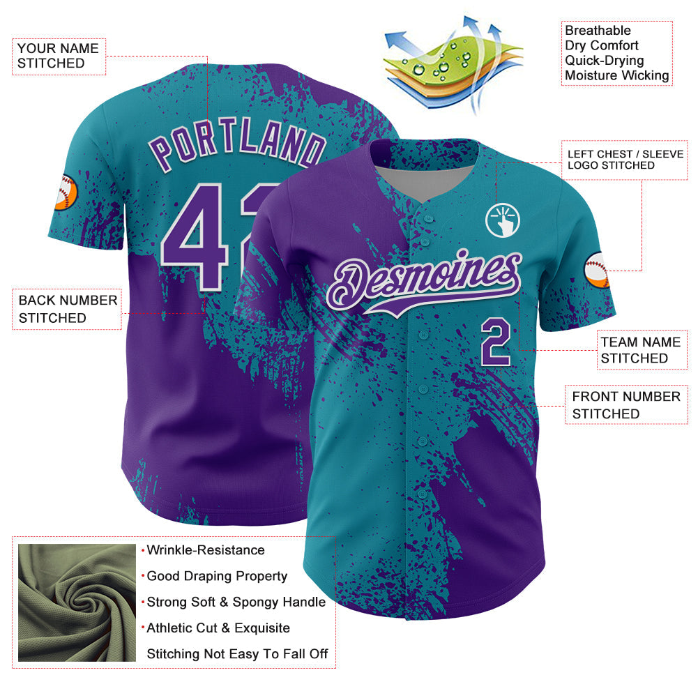 Custom Purple Teal-White 3D Pattern Design Abstract Brush Stroke Authentic Baseball Jersey