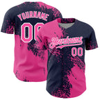 Custom Pink Navy-White 3D Pattern Design Abstract Brush Stroke Authentic Baseball Jersey