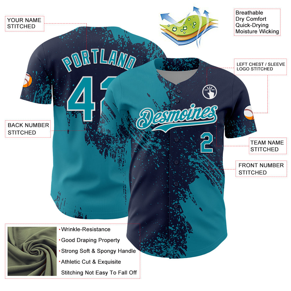 Custom Teal Navy-White 3D Pattern Design Abstract Brush Stroke Authentic Baseball Jersey