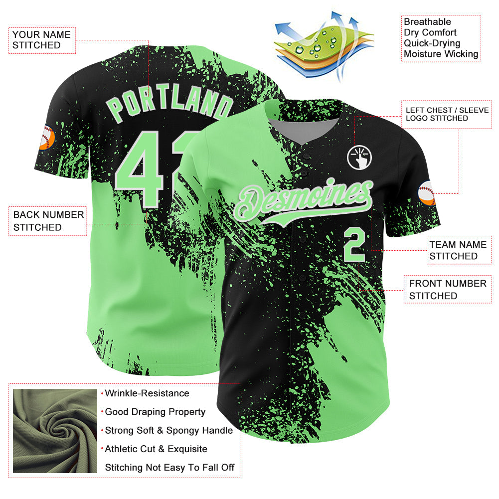 Custom Pea Green Black-White 3D Pattern Design Abstract Brush Stroke Authentic Baseball Jersey