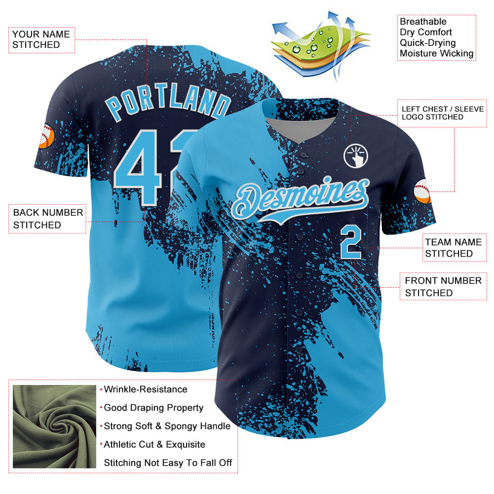 Custom Sky Blue Navy-White 3D Pattern Design Abstract Brush Stroke Authentic Baseball Jersey